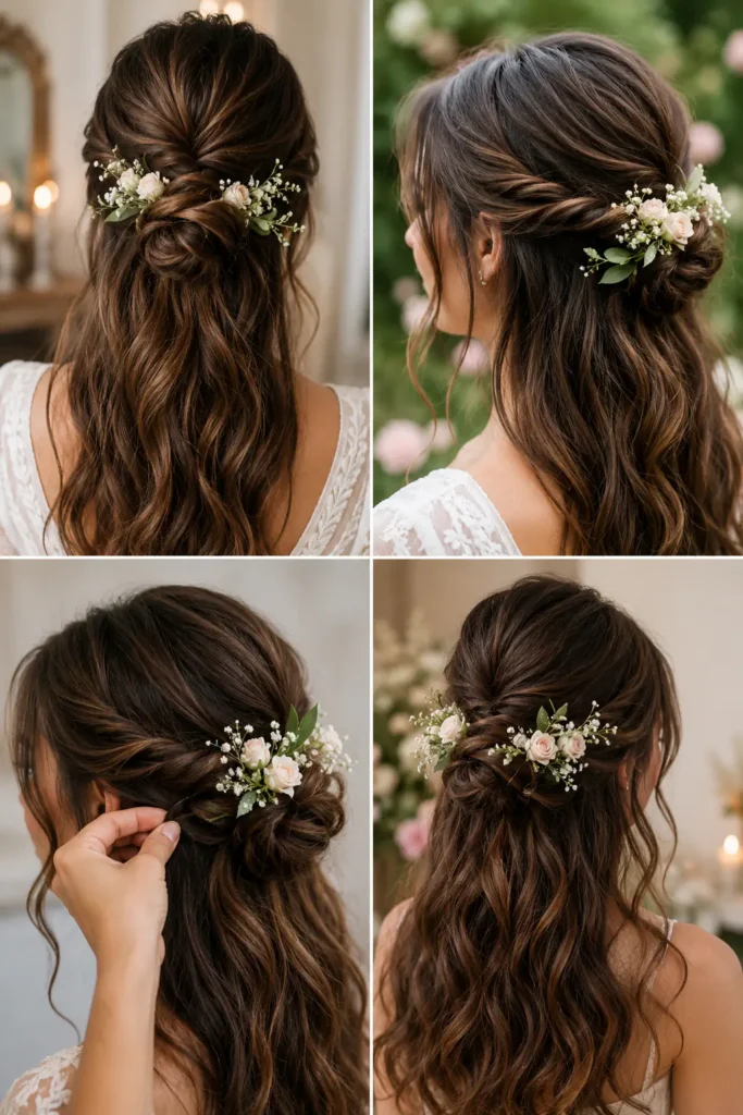 18. Twisted Half-Up Bun with Fresh Flowers