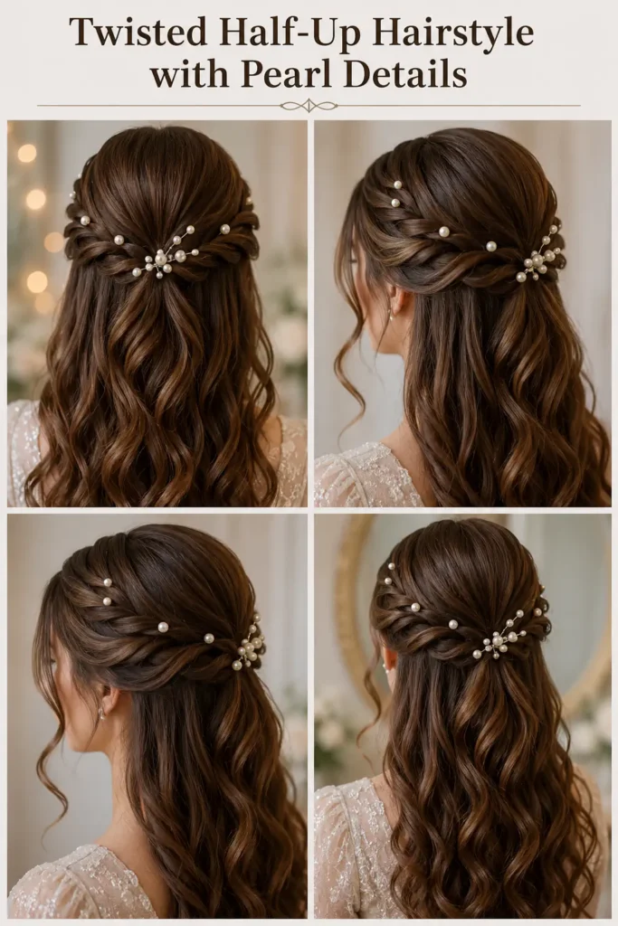 11. Twisted Half-Up Hairstyle with Pearl Details