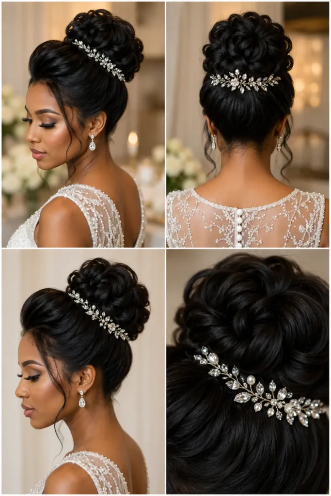 17. Voluminous Crown Bun for Black-Tie Weddings