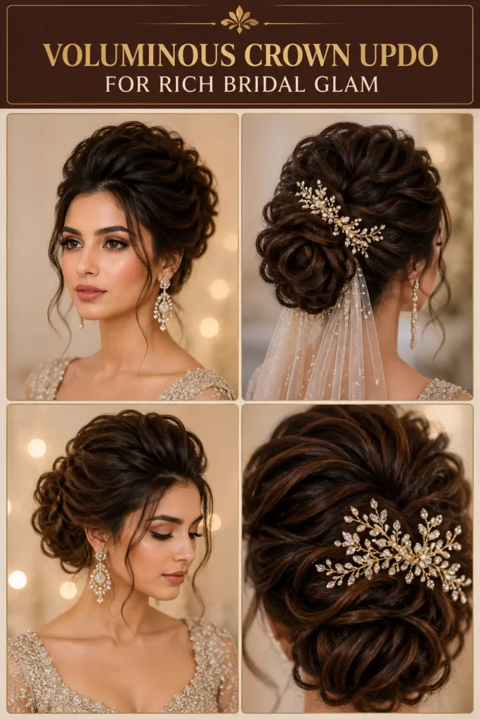 4. Voluminous Crown Updo for Rich Bridal Glam