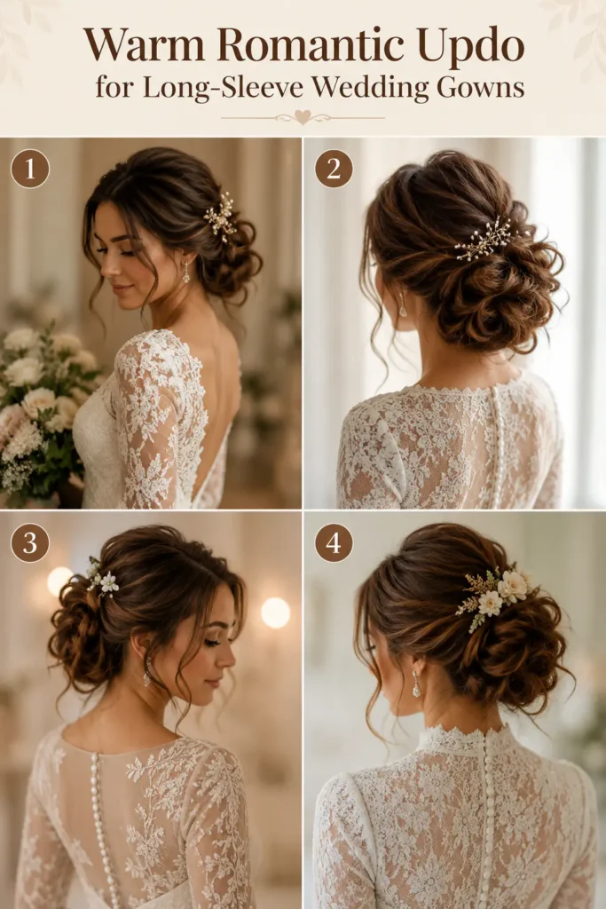 19. Warm Romantic Updo for Long-Sleeve Wedding Gowns