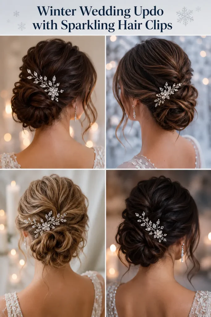 15. Winter Wedding Updo with Sparkling Hair Clips