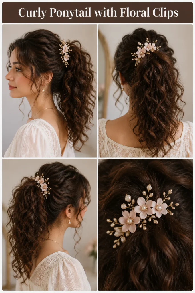 11. Curly Ponytail with Floral Clips