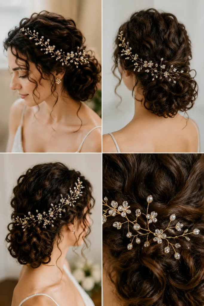 17. Curly Side Bun with Hair Vine