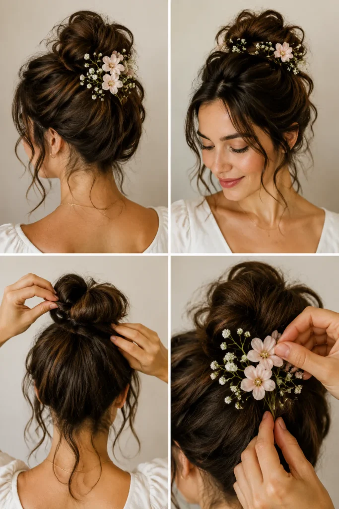 5. Effortless Messy Bun with Floral Touches
