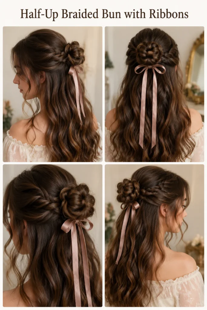17. Half-Up Braided Bun with Ribbons