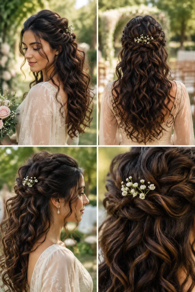 7. Loose Curly Half-Updo for Outdoor Ceremonies