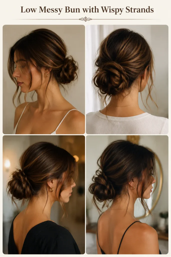 3. Low Messy Bun with Wispy Strands