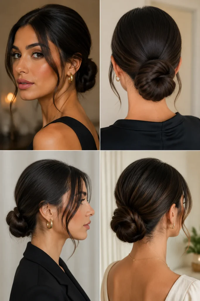 10. Sleek Low Bun with Face-Framing Strands