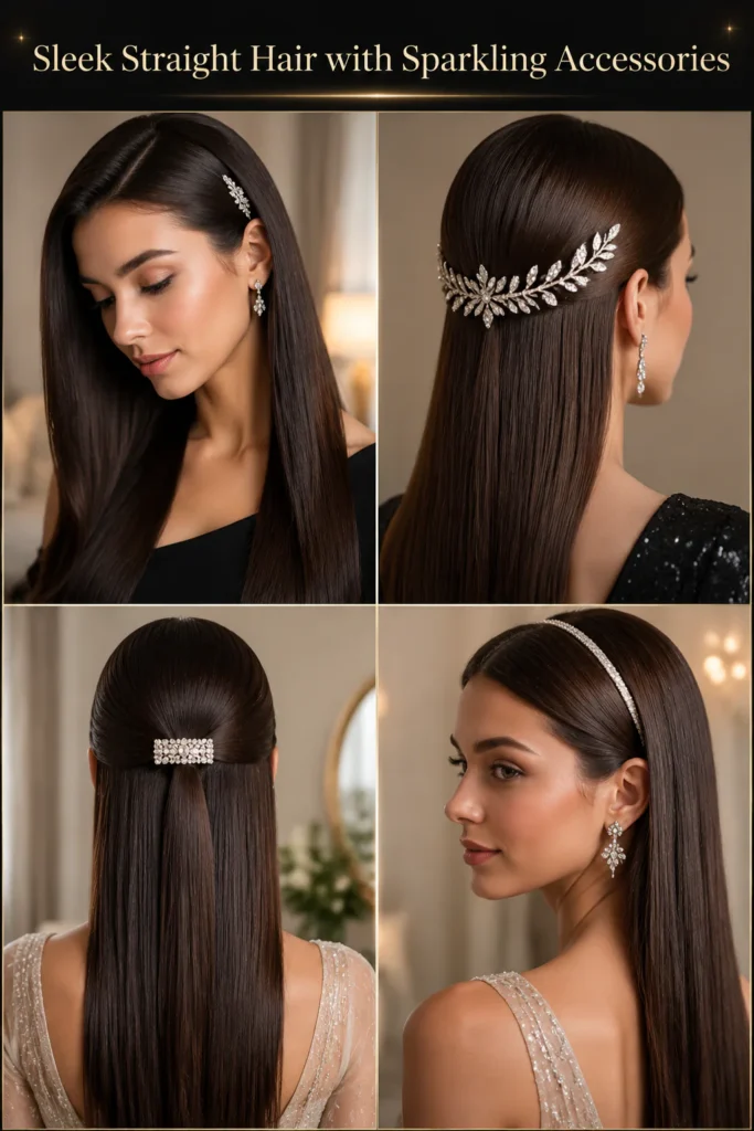 9. Sleek Straight Hair with Sparkling Accessories