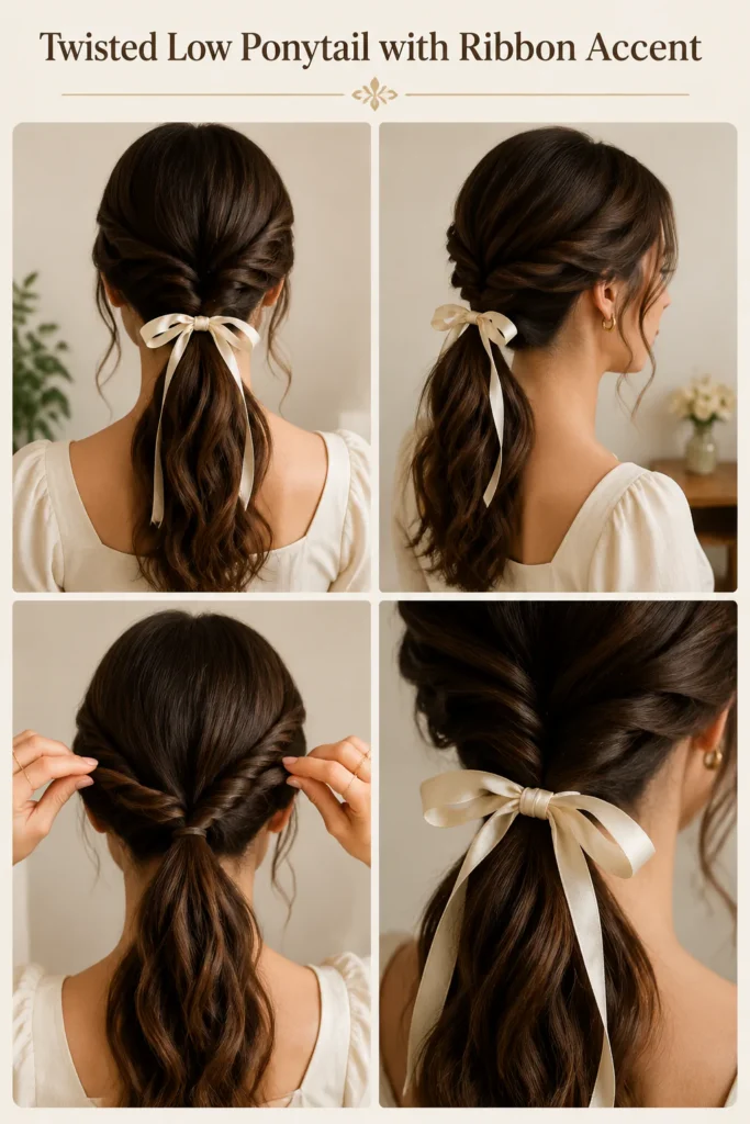 5. Twisted Low Ponytail with Ribbon Accent